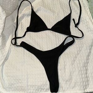 High waisted black ribbed thong bikini